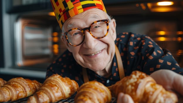 A man wearing a hat and glasses holding some croissants