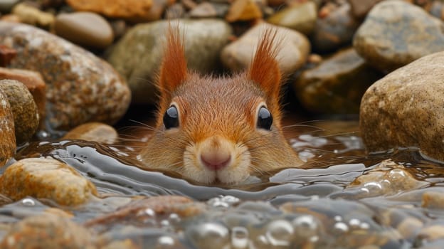 A squirrel peeking out of the water in a large pile
