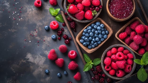 A table with bowls of berries and mint leaves on it