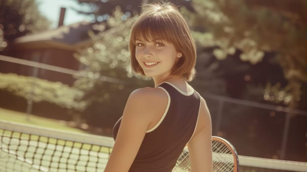 A woman in a black tank top posing with tennis racket