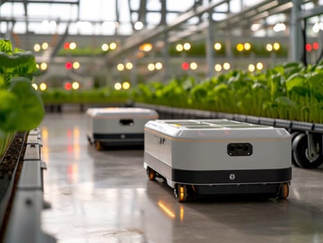 Two small robots are driving through a greenhouse filled with plants