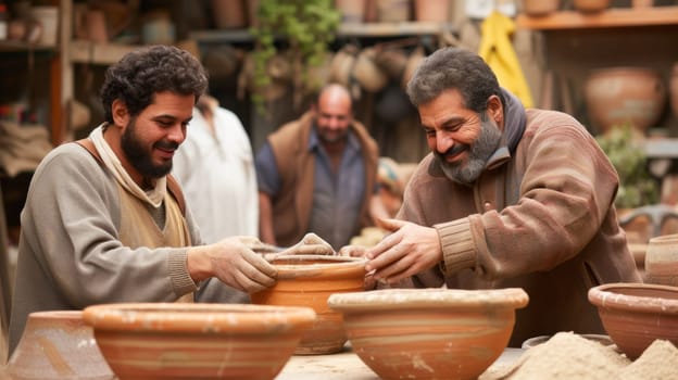 Two men working on a pottery project together in an open space