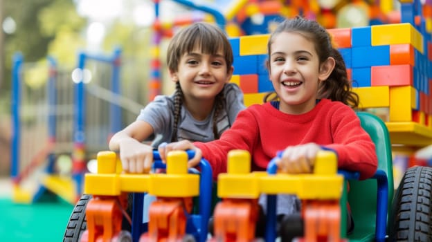 Two children are sitting in a toy car with blocks on the ground