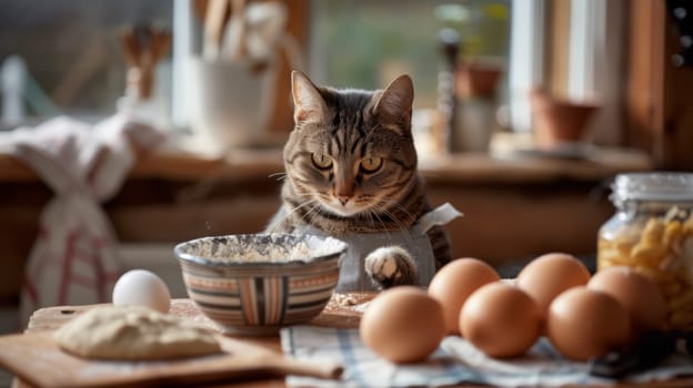 A cat sitting on a table next to some eggs and flour