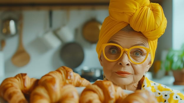 A woman with a yellow hat and glasses holding up some croissants