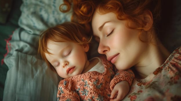 A woman and a baby sleeping together on the bed