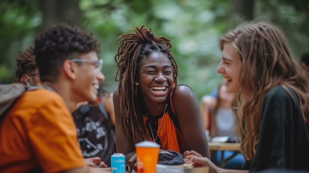 A group of people sitting around a table having fun