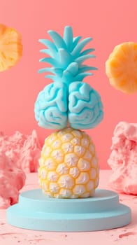 A pineapple with a brain on top of it and some other fruit