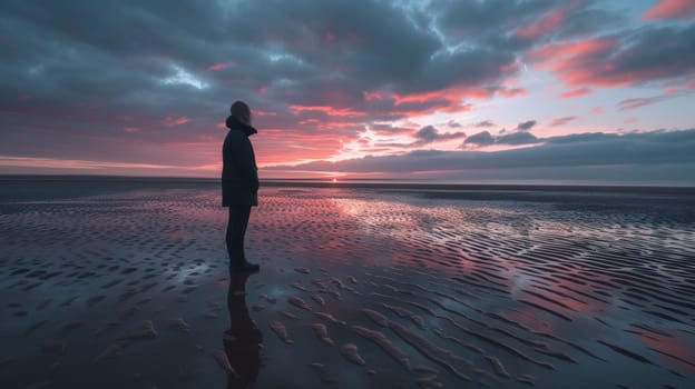 A person standing on a beach at sunset with the sky behind them