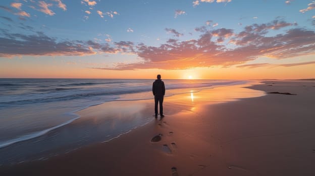 A man standing on a beach at sunset with his feet in the sand