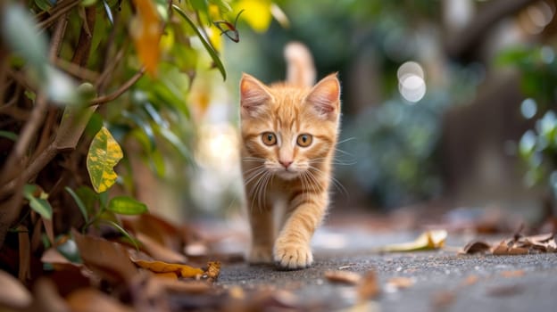 A small orange cat walking on a path in front of leaves
