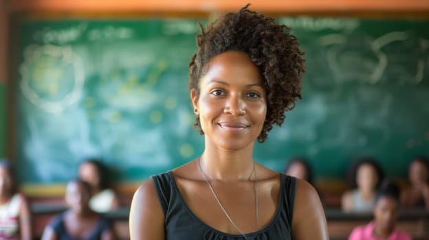 A woman with a black top and curly hair smiling at the camera