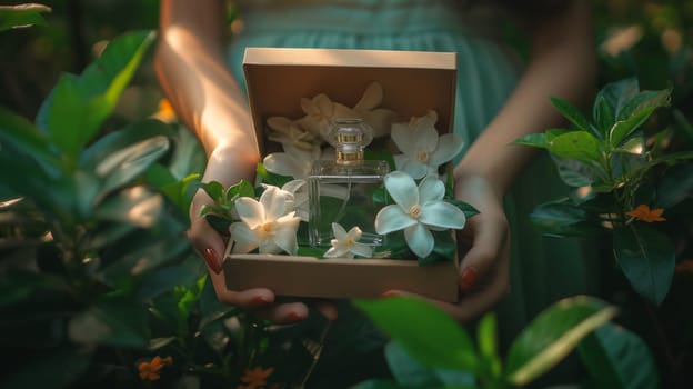 A woman holding a box of perfume with flowers in it