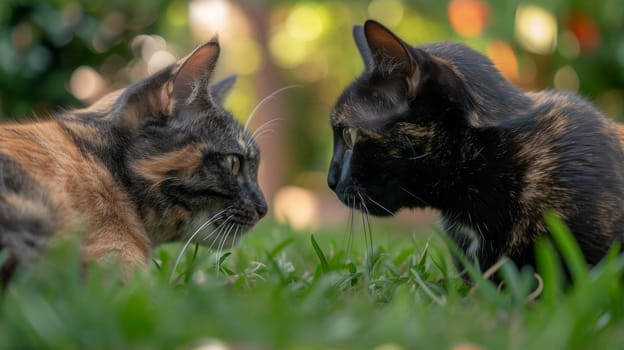 Two cats are sitting in the grass looking at each other