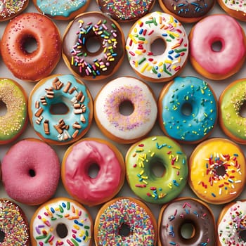 Seamless texture and pattern of colorful glazed doughnuts with high angle view. Neural network generated image. Not based on any actual scene or pattern.