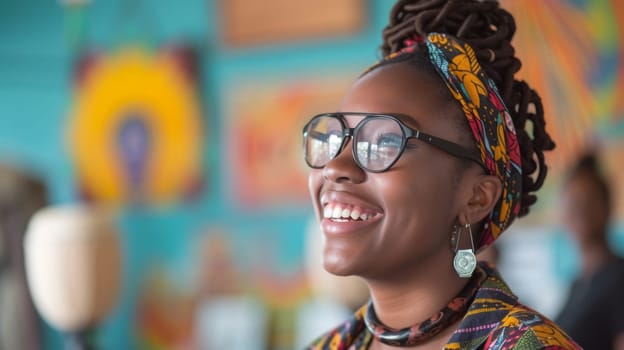 A woman with dreadlocks wearing glasses and a necklace