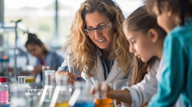 A woman and two children in a lab doing experiments