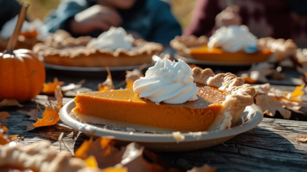 A pie with whipped cream on a plate next to some leaves