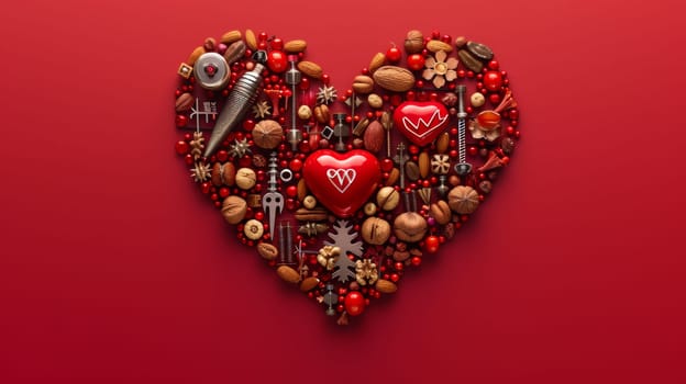 A heart shaped object made of nuts and other items on a red background