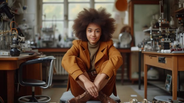 A woman sitting on a stool in front of her work area