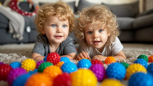 Two young children laying on the floor with a ball of toys