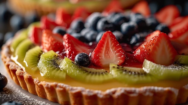 A close up of a pastry with fruit on top and some berries