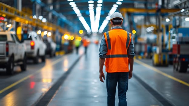 A man in orange vest walking down a factory floor