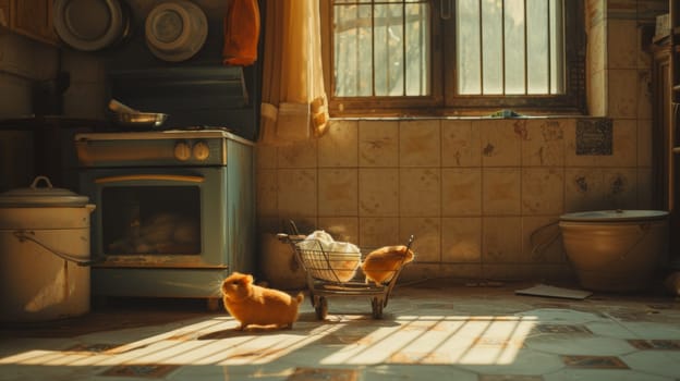 A small animals are in a basket on the floor of an old kitchen