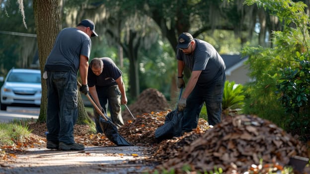 Three men are cleaning up leaves in a driveway
