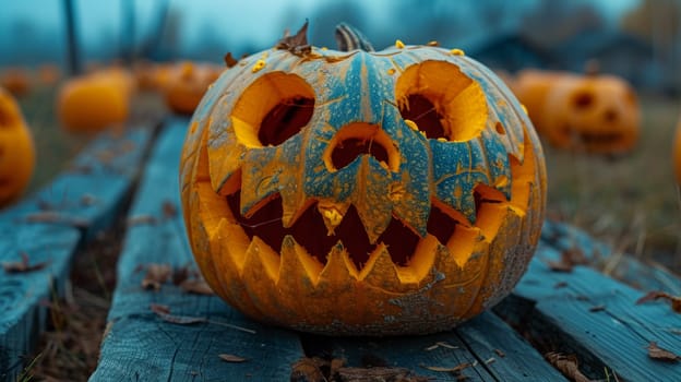 A carved pumpkin sitting on a wooden plank with other pumpkins around it