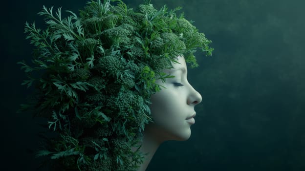 A woman's head covered in green leaves and flowers