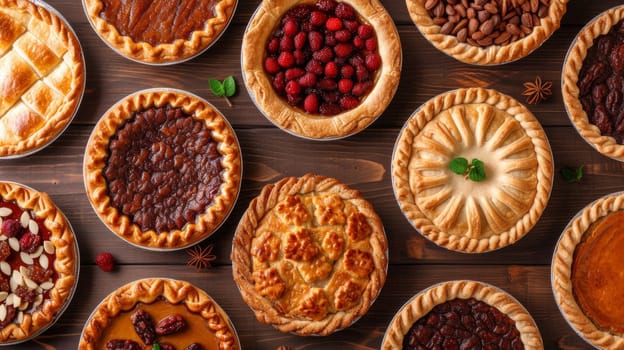 A table with many different pies on it and a bunch of them