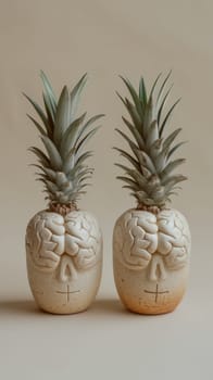 Two pineapple heads with faces made out of clay
