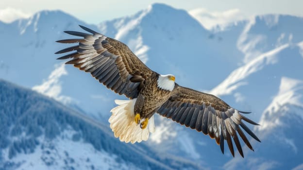A bald eagle soaring over a snowy mountain range with snow capped peaks