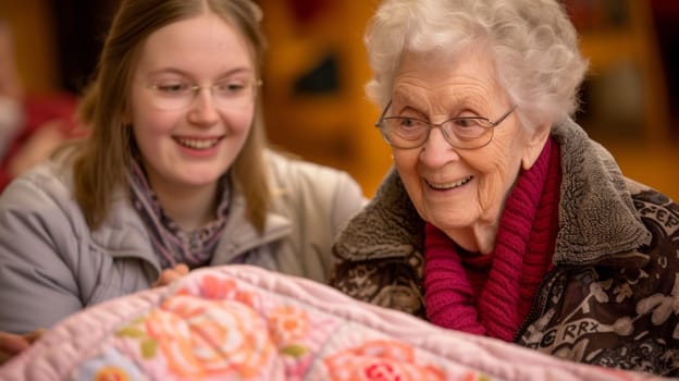 A woman and older lady smiling while holding a quilt