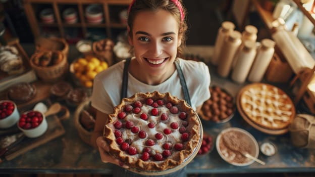 A woman holding a pie with raspberries on top of it