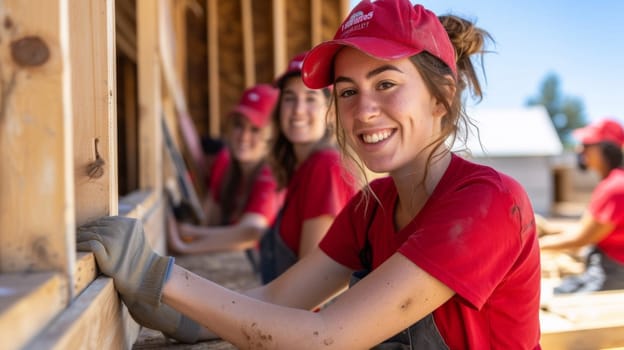 A group of women in red shirts and hats working on a house