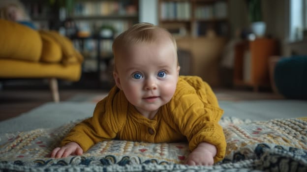 A baby in a yellow sweater laying on the floor