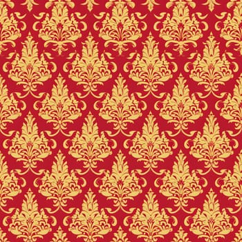 Seamless texture of red and gold damask pattern. Neural network generated image. Not based on any actual scene or pattern.