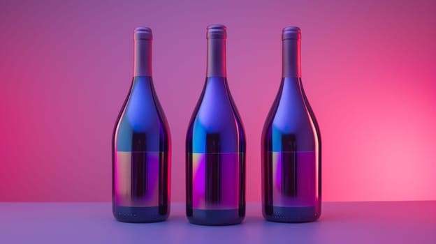 Three bottles of wine are sitting on a table with purple lighting