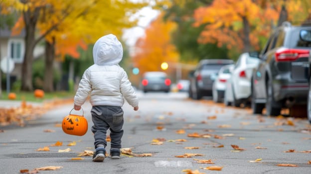 A young child walking down a street with halloween decorations