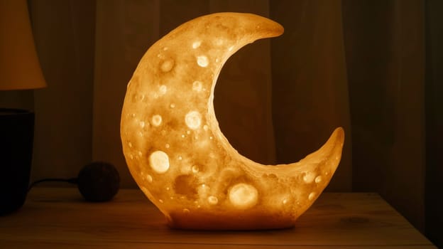 A lighted crescent shaped object on a table next to a lamp