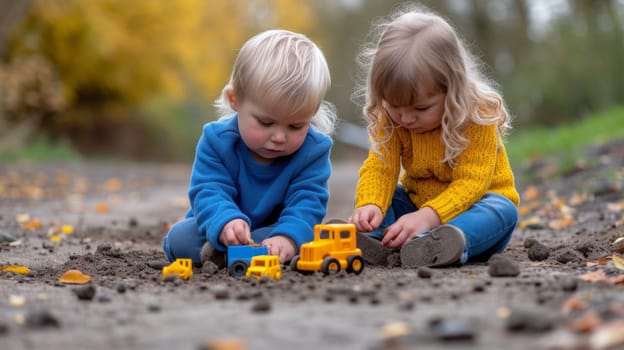 Two little children playing with toy trucks on the ground