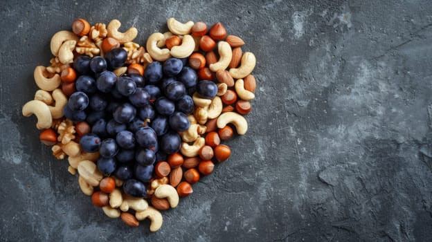 A heart shaped arrangement of nuts and berries on a gray surface