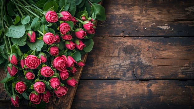 A bunch of pink roses on a wooden table with green leaves