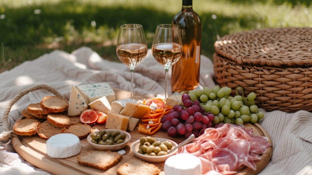 A picnic with wine and cheese on a blanket in the park