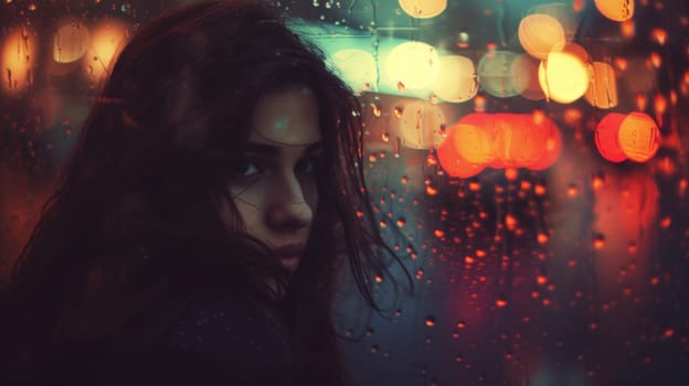 A woman with long dark hair standing in front of a rain covered window