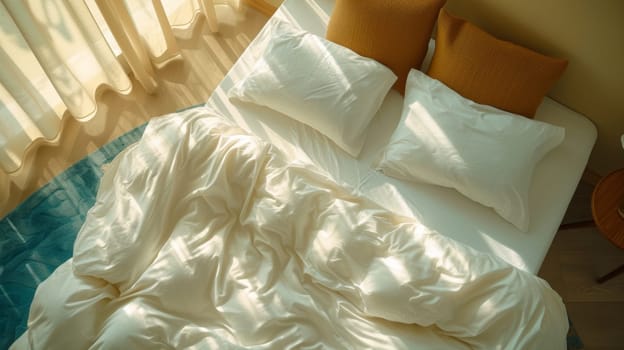 A bed with white sheets and pillows on a wooden floor