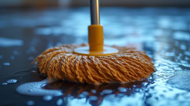 A mop with a yellow handle sitting on top of water