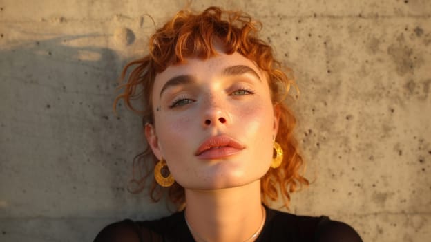 A woman with red hair and gold earrings posing for a picture